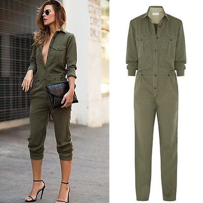 Women rompers coverall lapel army green ...